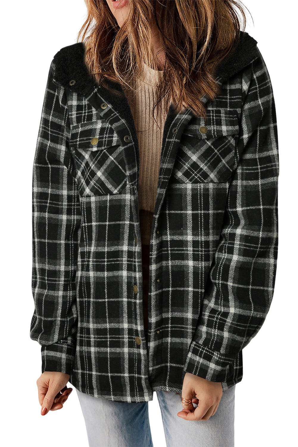 Orange Plaid Pattern Sherpa Lined Hooded Shacket