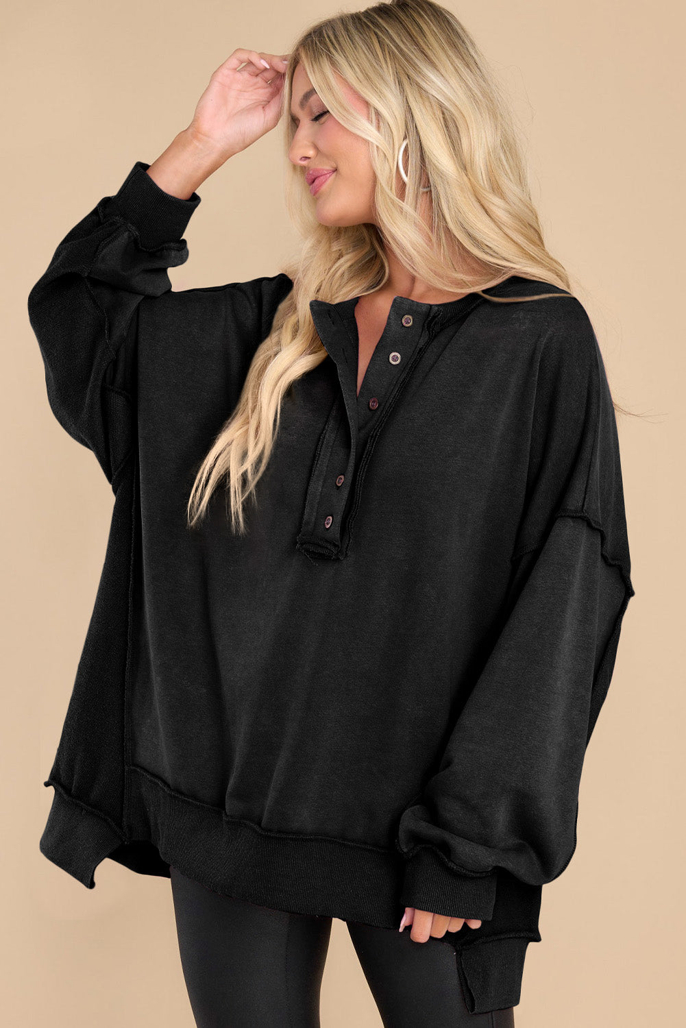 Green Oversized Exposed Seam Henley Sweatshirt