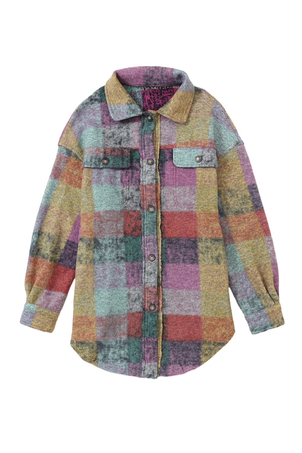 Multicolor Brushed Plaid Buttoned Pullover Oversized Hoodie