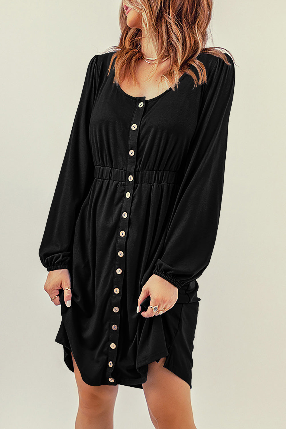 Fiery Red Button Up High Waist Long Sleeve Dress