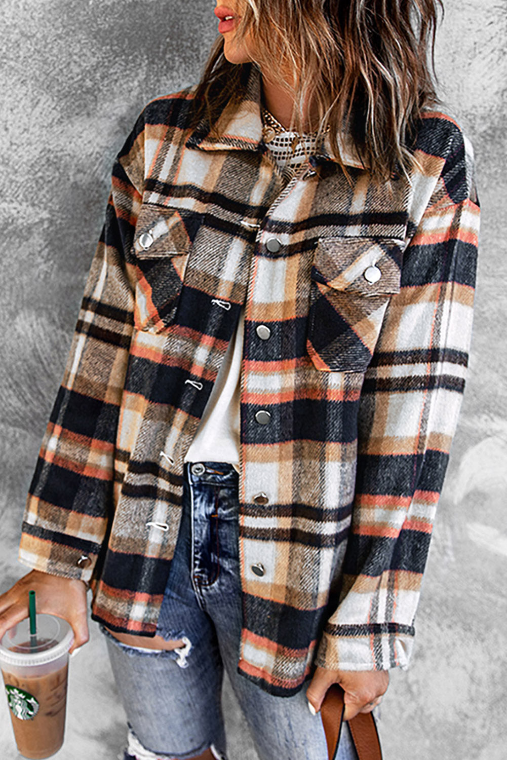 Navy Blue Plus Size Plaid Flap Pocket Shacket