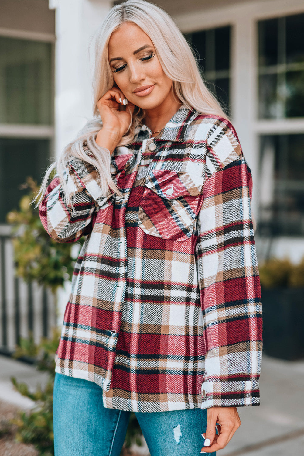 Navy Blue Plus Size Plaid Flap Pocket Shacket