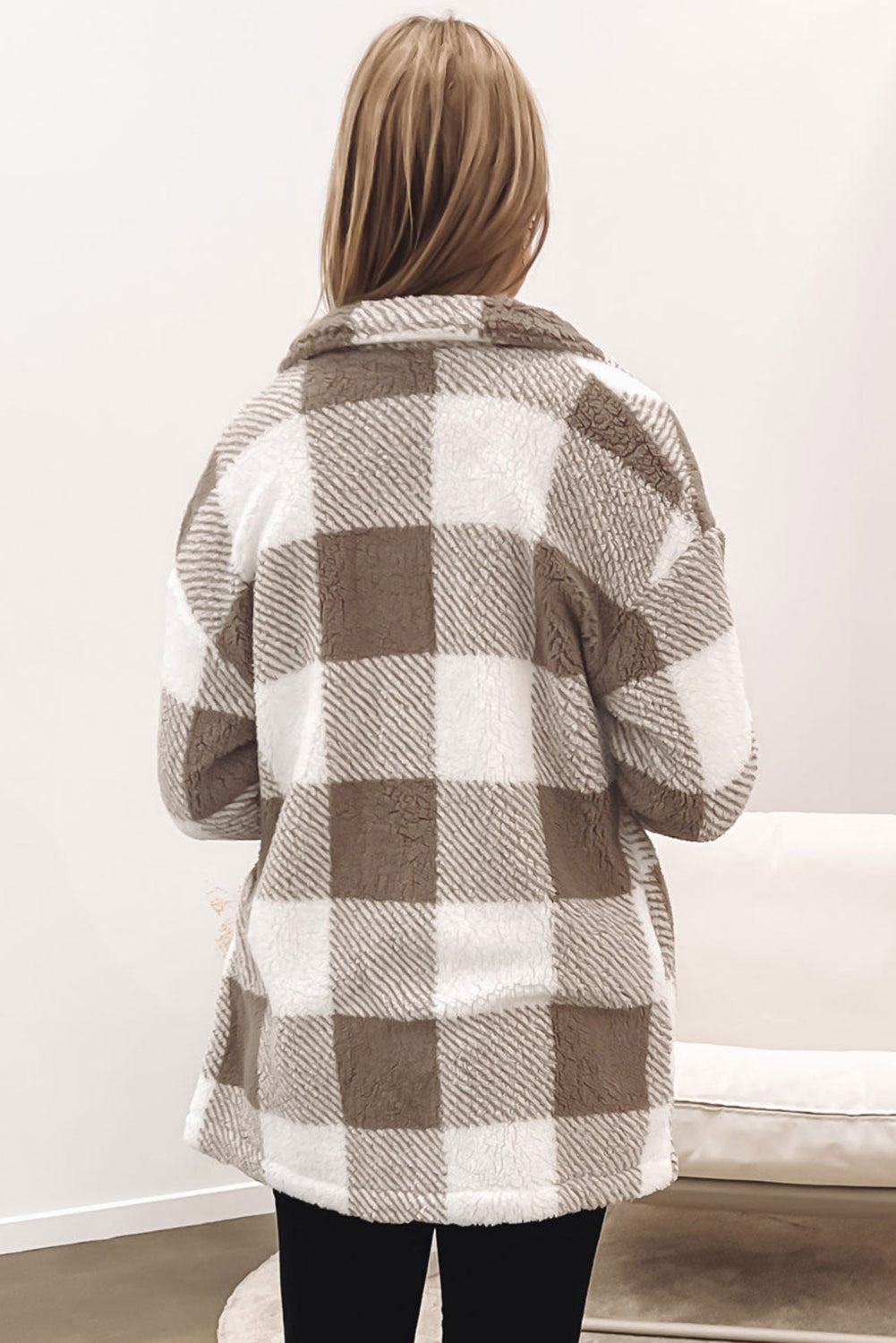 Khaki Fuzzy Plaid Flap Button Up Midi Coat