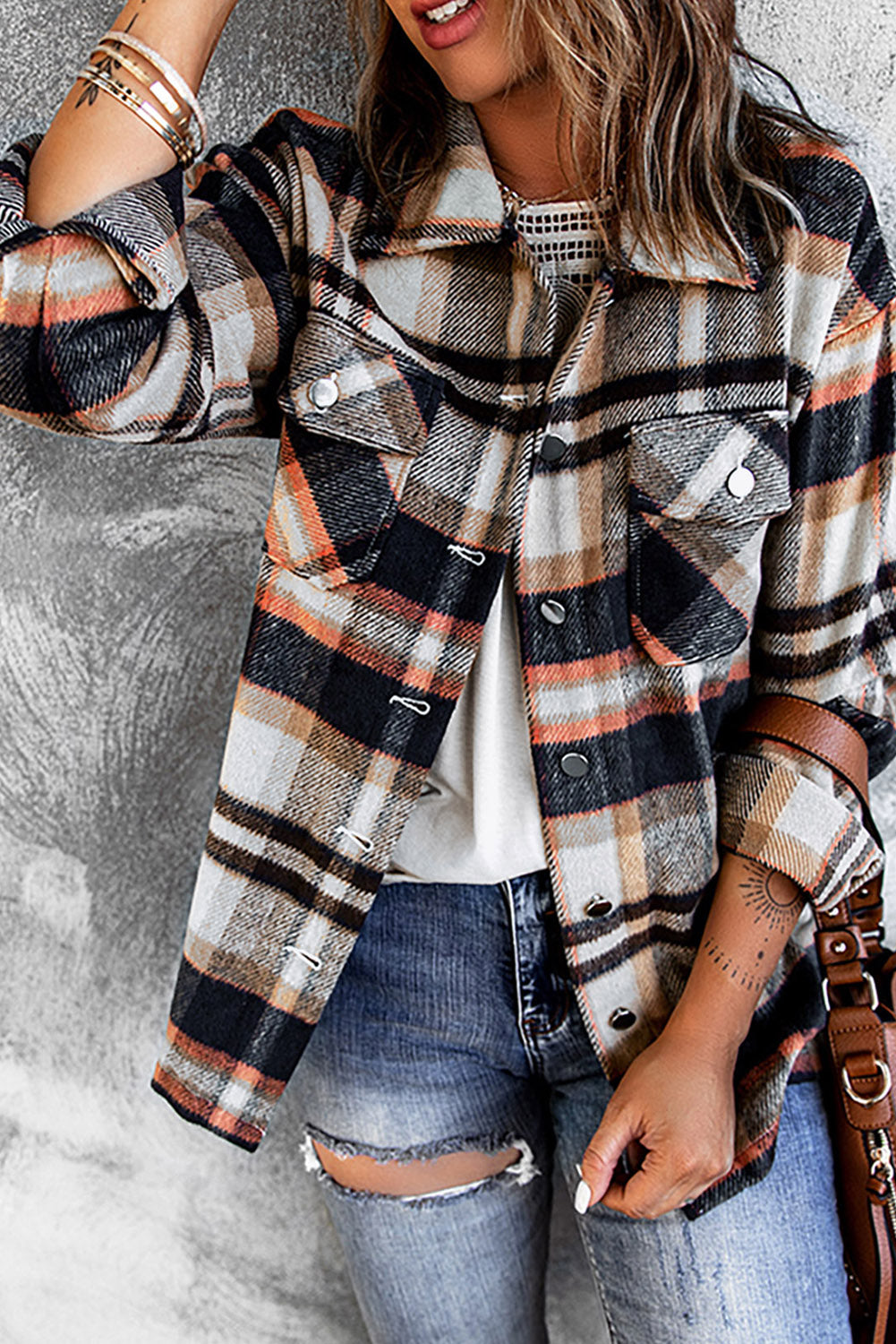Navy Blue Plus Size Plaid Flap Pocket Shacket