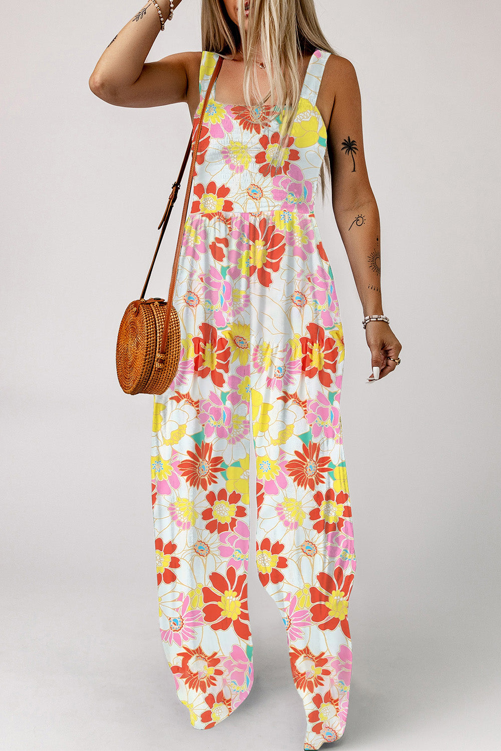 Multicolor Plus Size Floral Button Keyhole Back Ruffle Romper