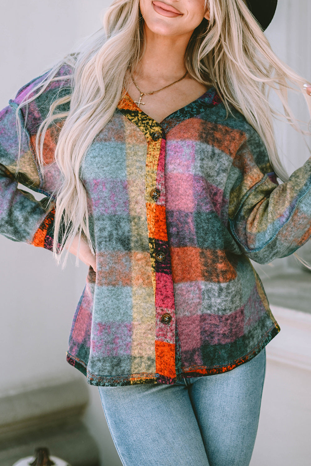 Multicolor Brushed Plaid Buttoned Pullover Oversized Hoodie