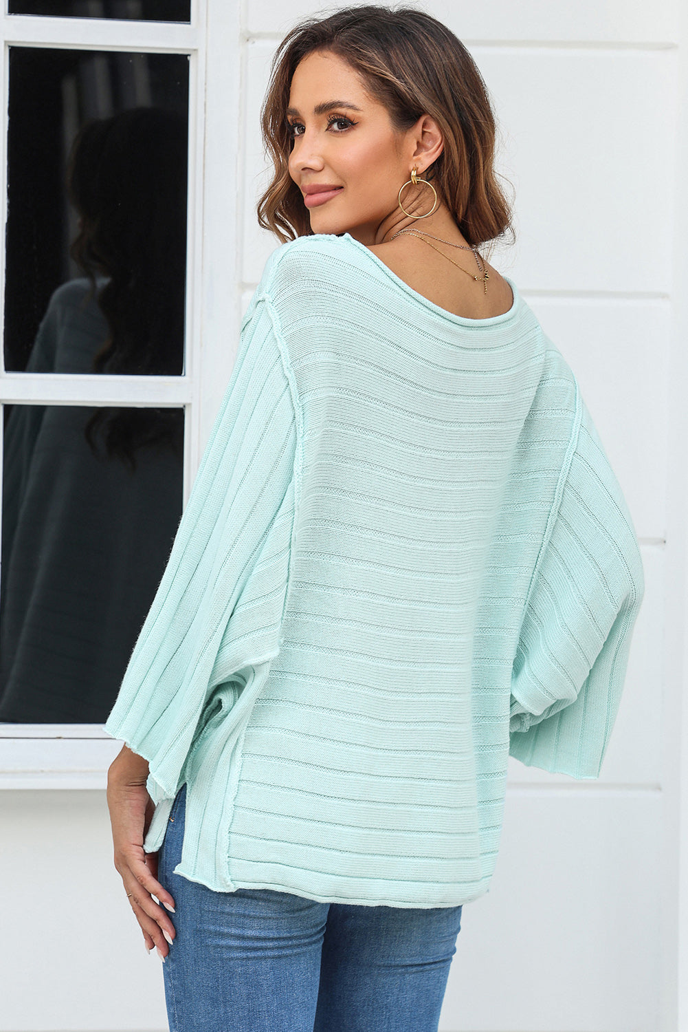 Black Exposed Seam Ribbed Knit Dolman Top