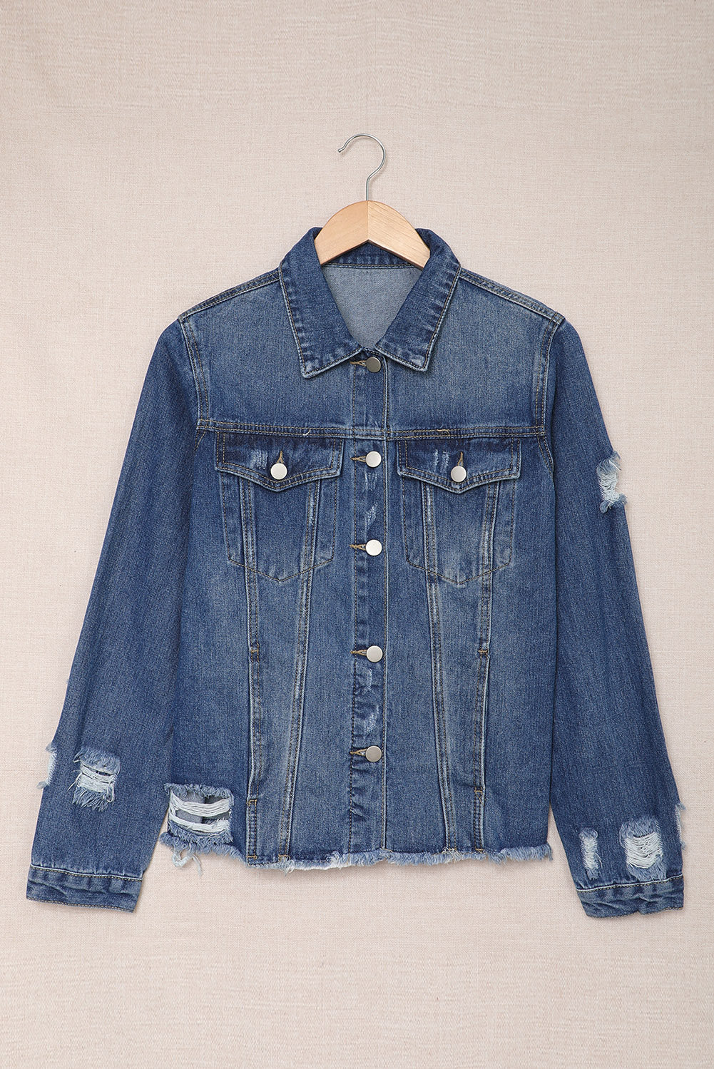 Dark Blue Plus Size Distressed Flap Pocket Denim Jacket
