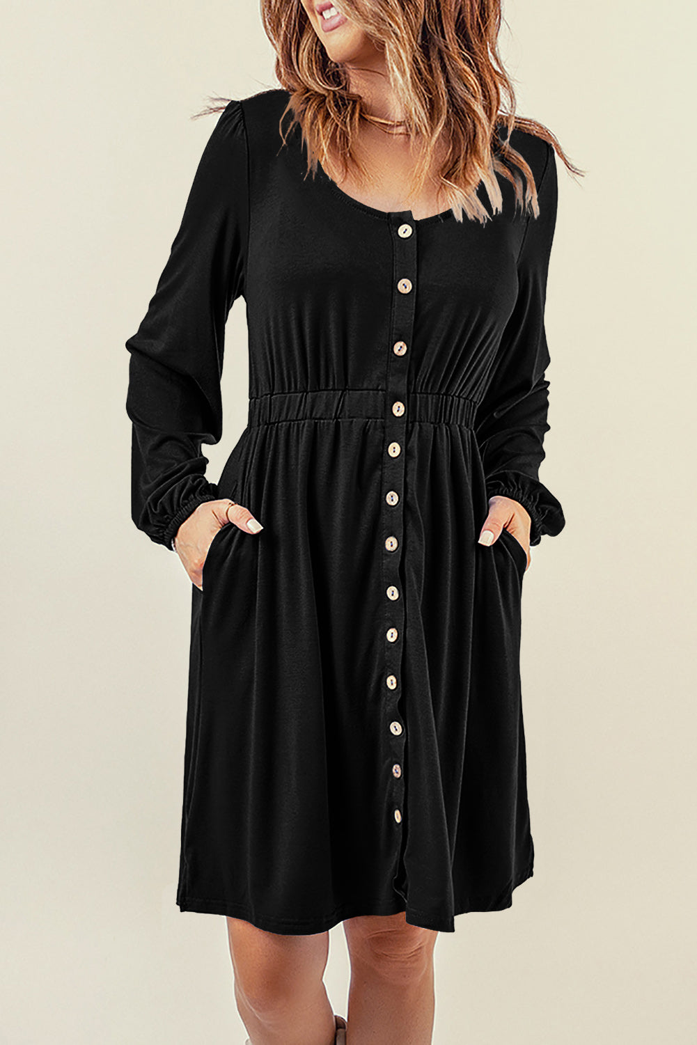 Fiery Red Button Up High Waist Long Sleeve Dress