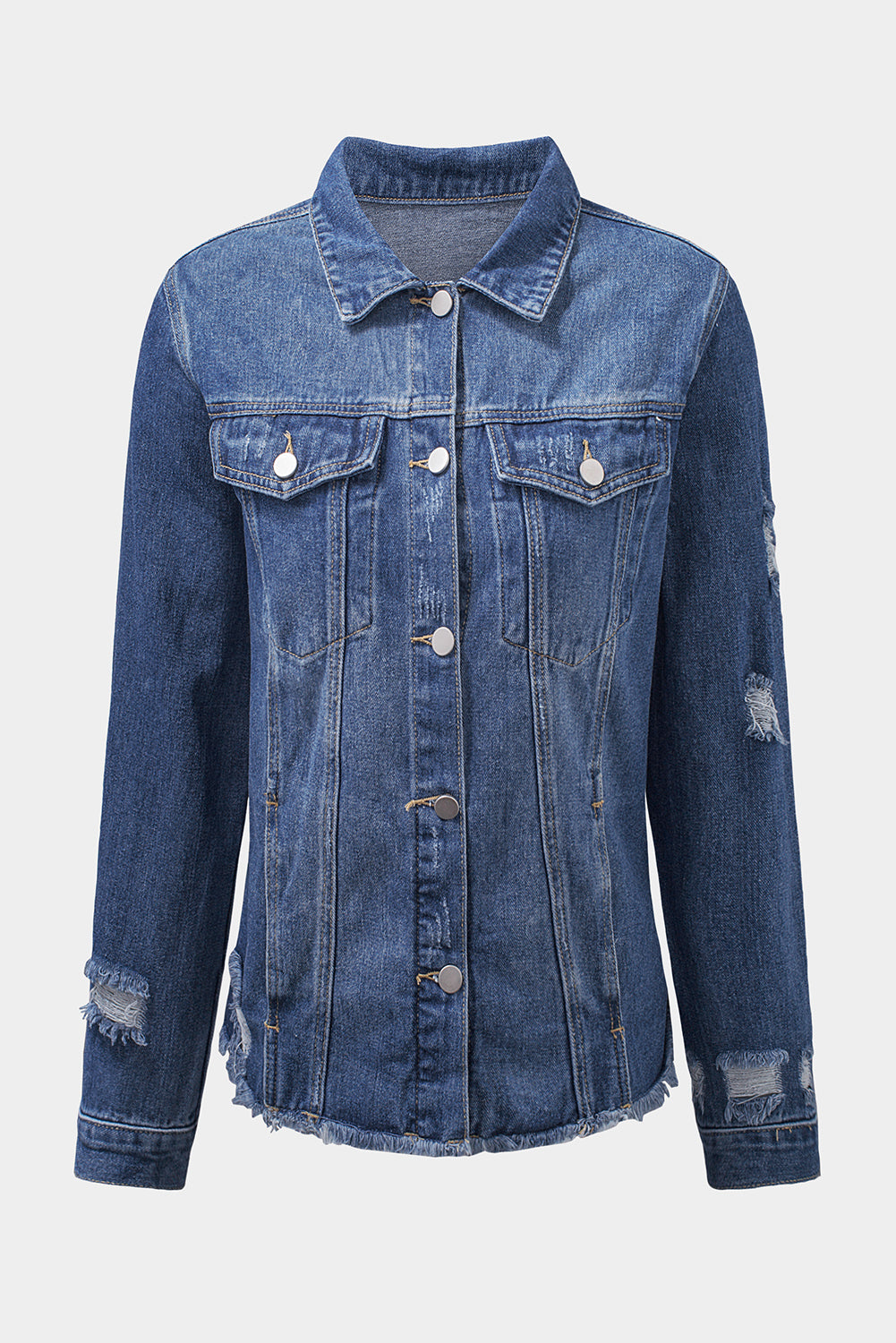 Dark Blue Plus Size Distressed Flap Pocket Denim Jacket