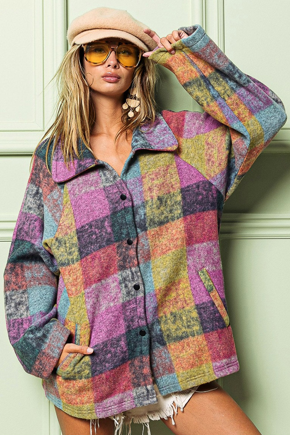 Multicolor Brushed Plaid Buttoned Pullover Oversized Hoodie