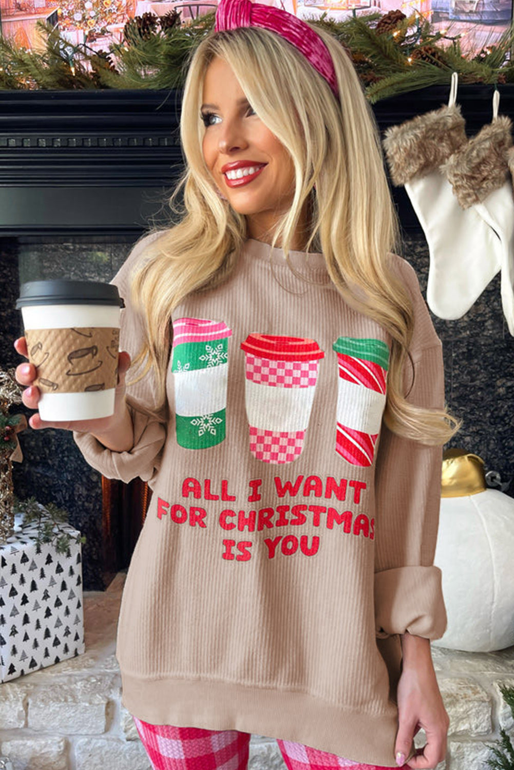 Strawberry Pink IN MY MERRY ERA Loose Fit Corded Sweatshirt