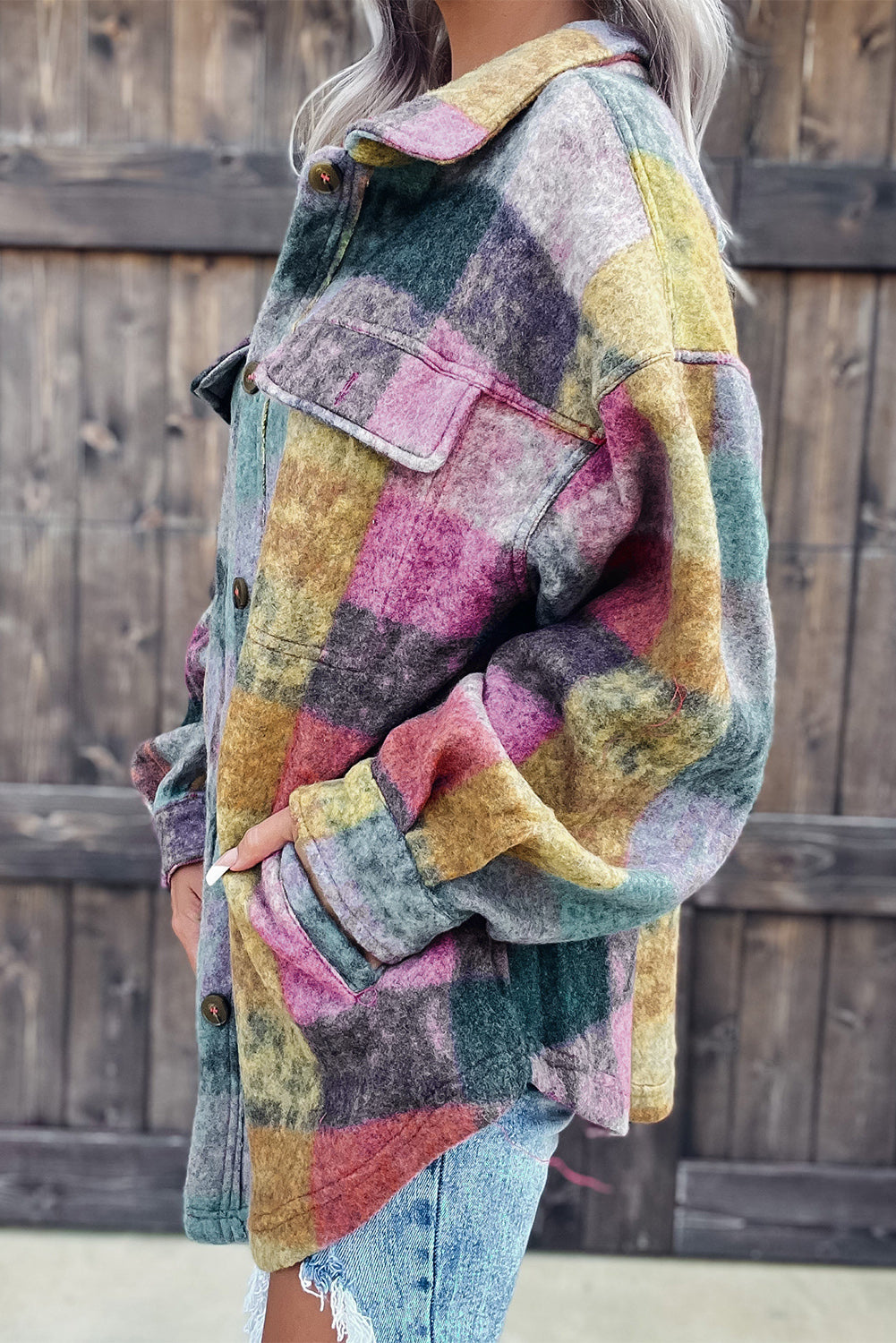Multicolor Brushed Plaid Buttoned Pullover Oversized Hoodie