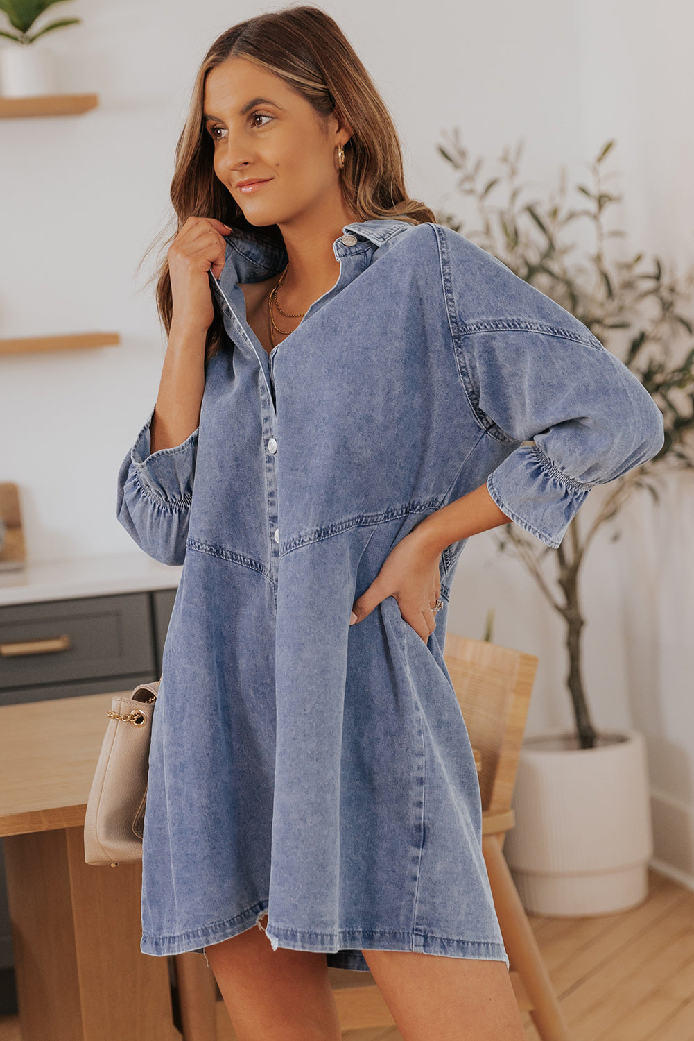 Gray Sequin Nutcracker Graphic Long Sleeve Shirt Denim Dress