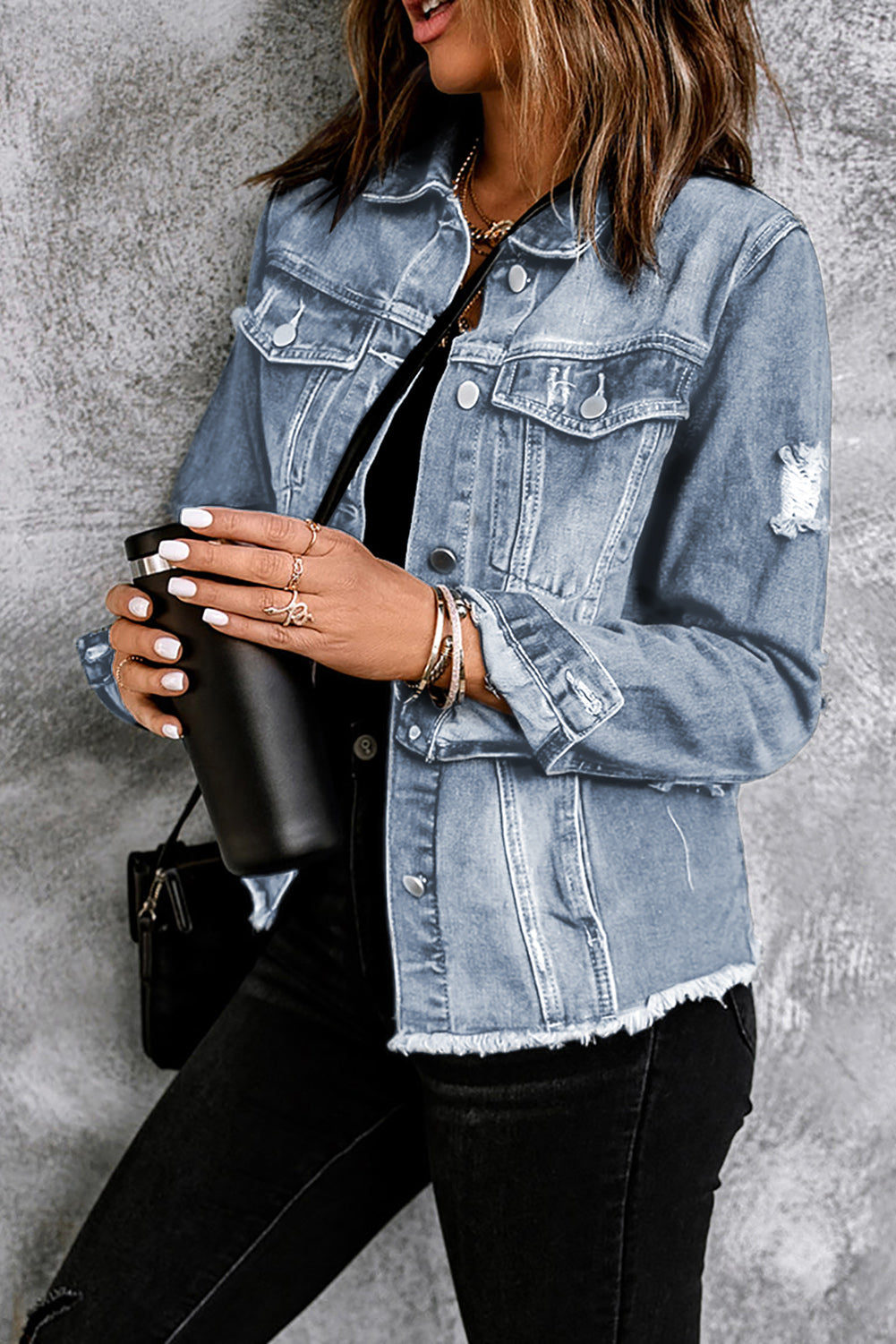 Dark Blue Plus Size Distressed Flap Pocket Denim Jacket