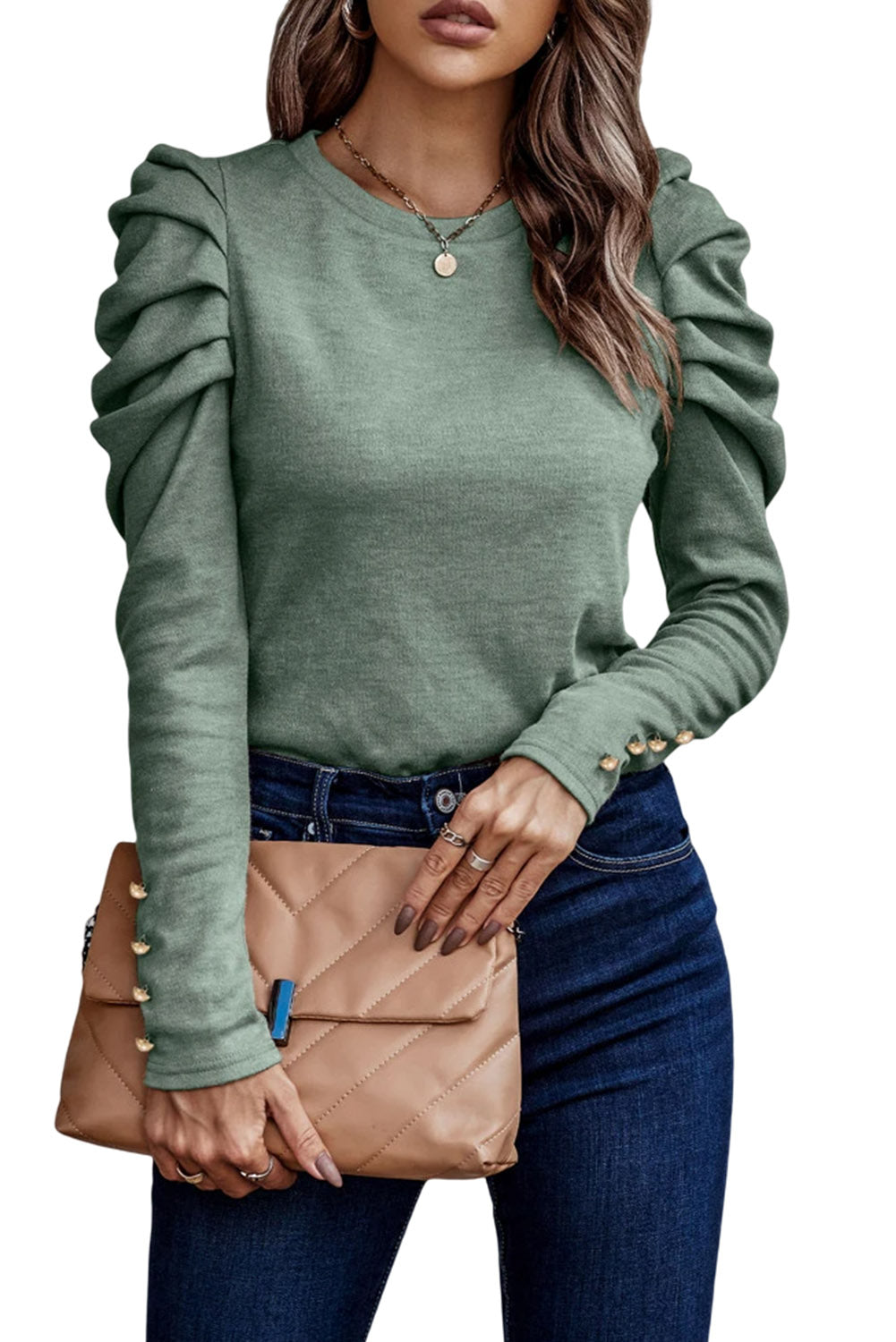Gray Buttoned Puff Long Sleeve Sheath Top