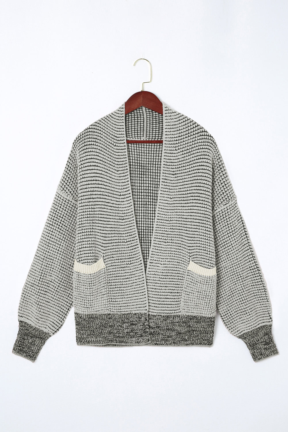 Gray Plaid Knitted Long Open Front Cardigan