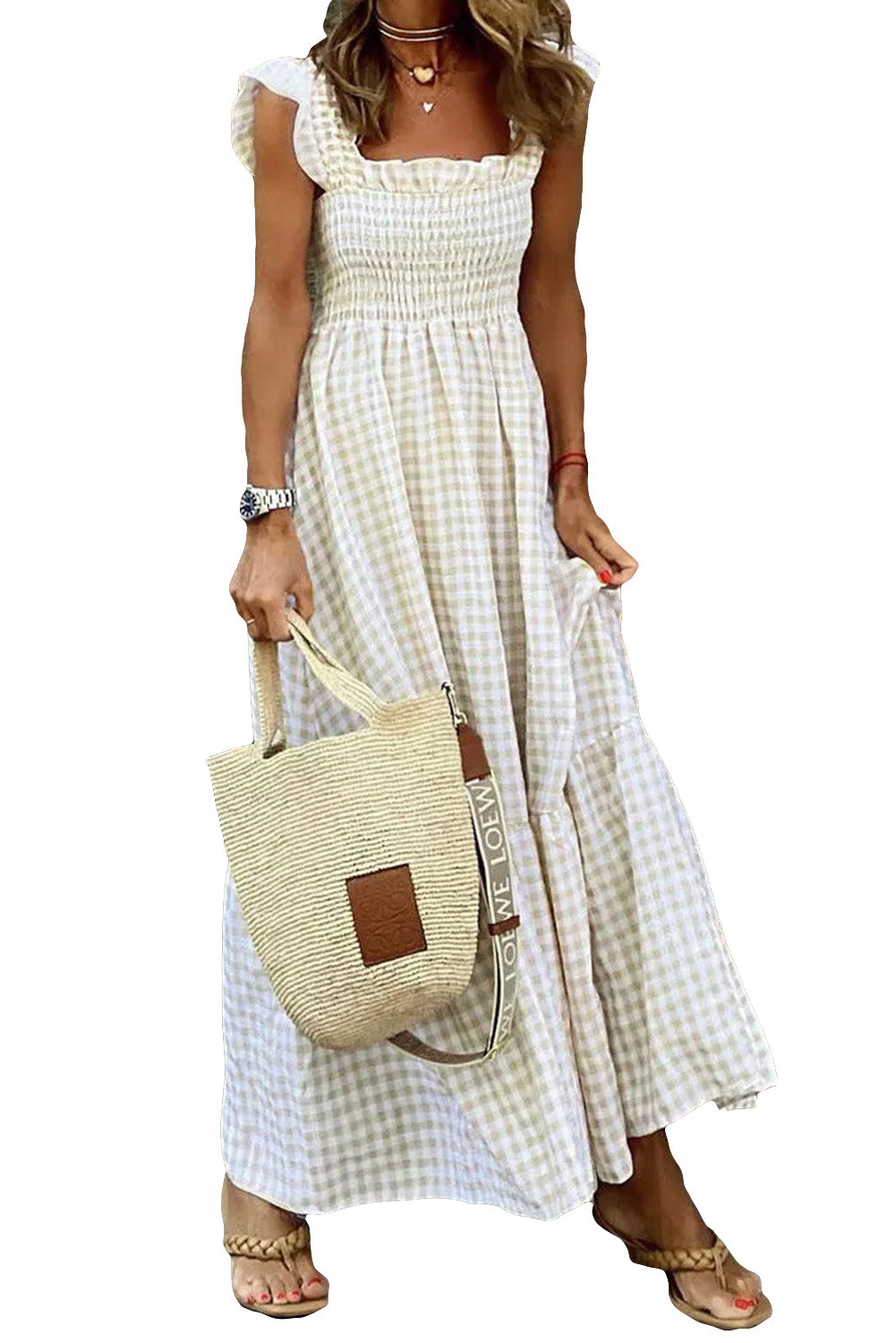 Khaki Plaid Ruffled Square Neck Smocked Tiered Maxi Dress