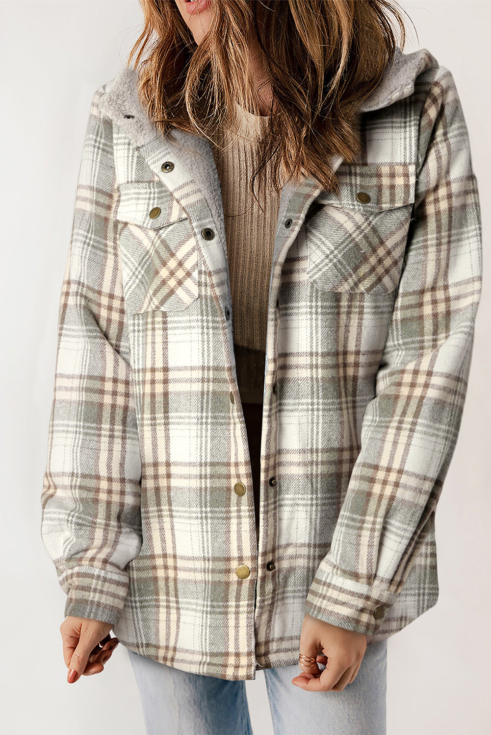Orange Plaid Pattern Sherpa Lined Hooded Shacket