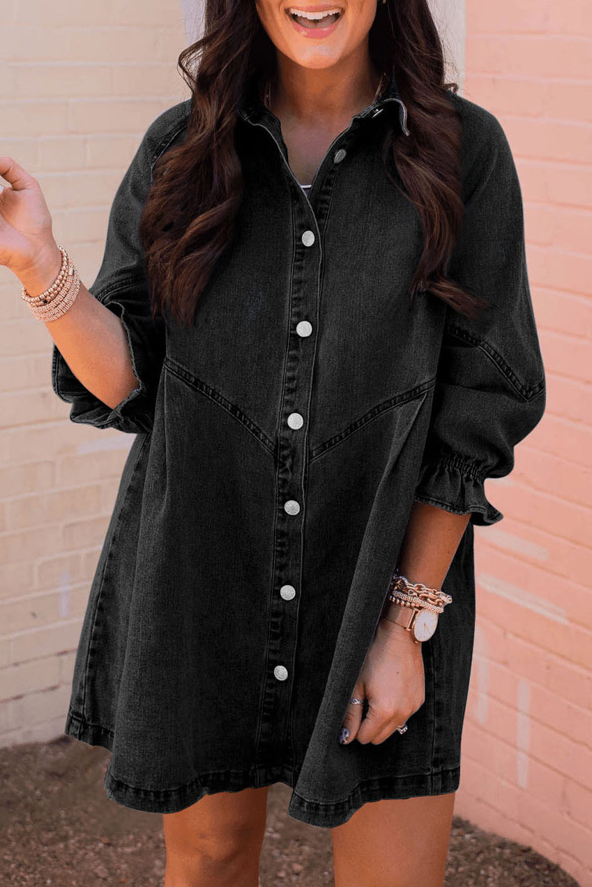 Gray Sequin Nutcracker Graphic Long Sleeve Shirt Denim Dress
