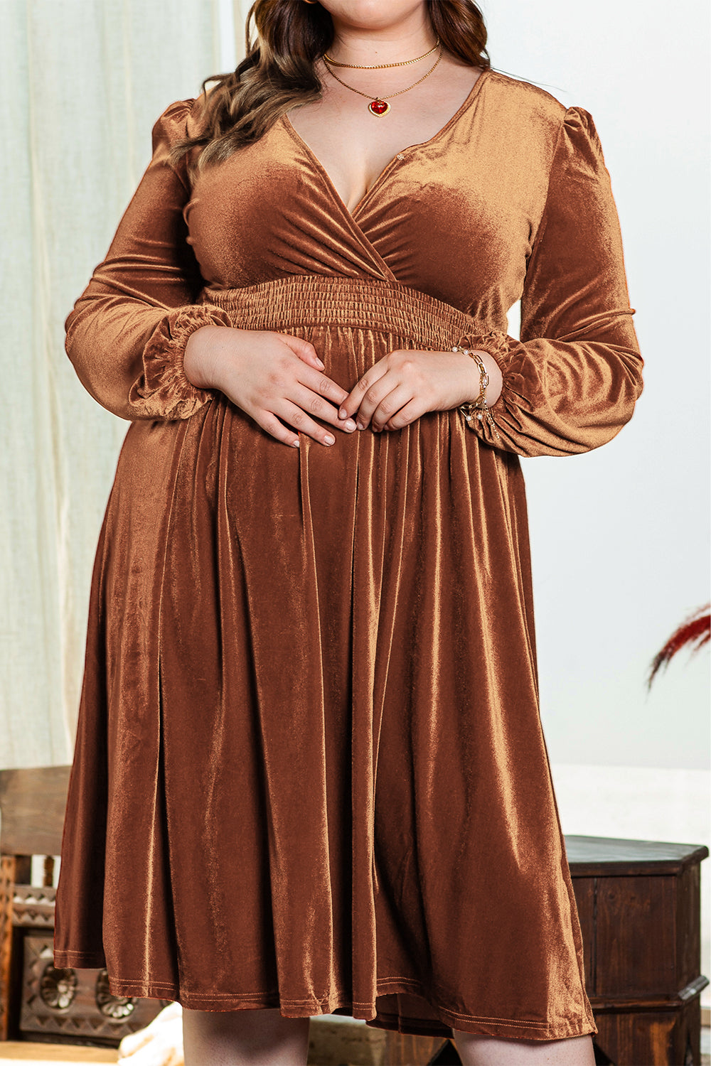 Camel Wrap V Neck Smocked High Waist Velvet Midi Dress