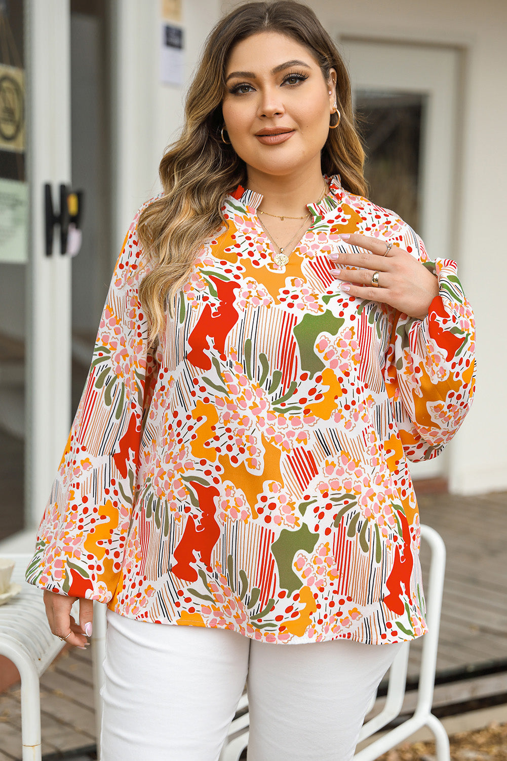 Multicolour Plus Size Mix Floral Puff Sleeve Ruffled Dress