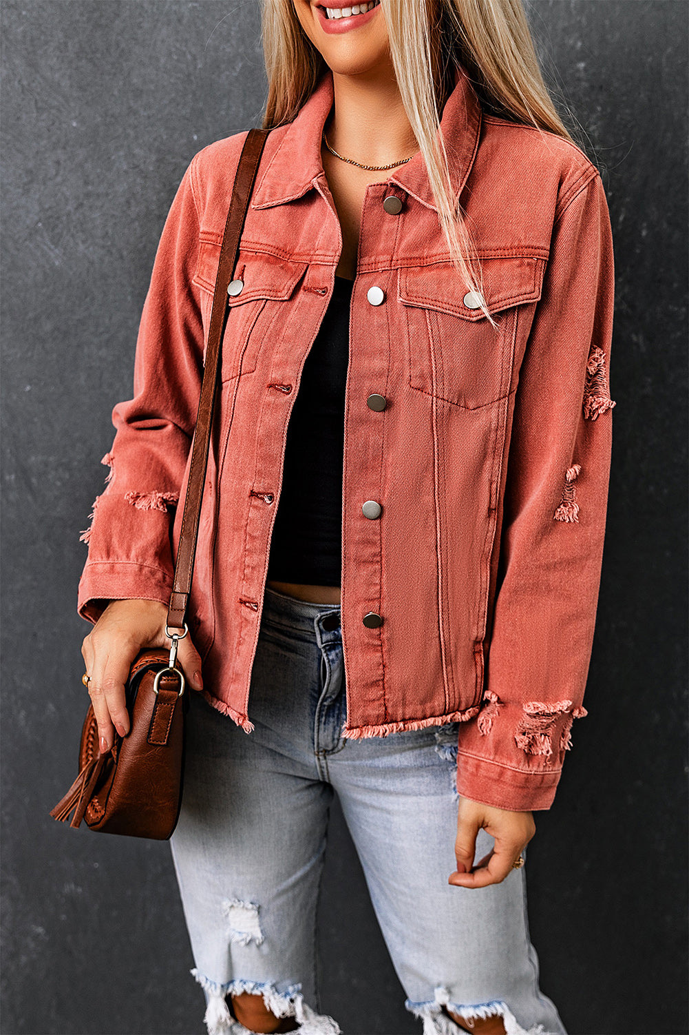 Dark Blue Plus Size Distressed Flap Pocket Denim Jacket