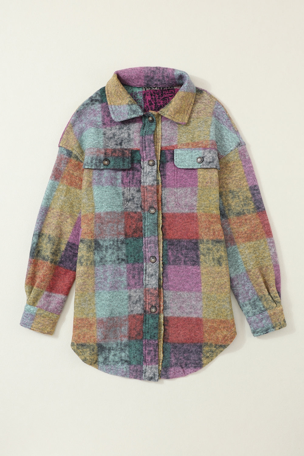 Multicolor Brushed Plaid Buttoned Pullover Oversized Hoodie