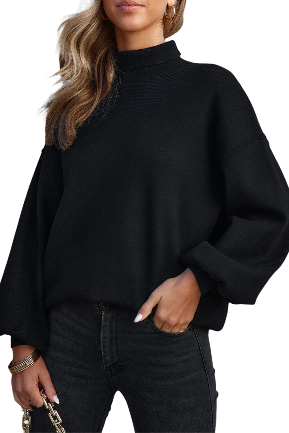Gray Turtleneck Drop Shoulder Bubble Sleeve Knit Sweater
