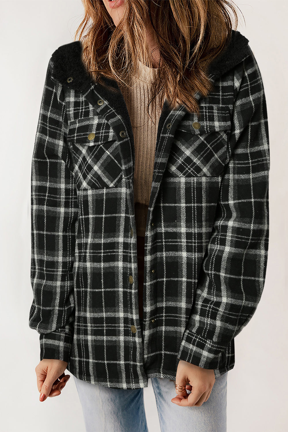 Orange Plaid Pattern Sherpa Lined Hooded Shacket