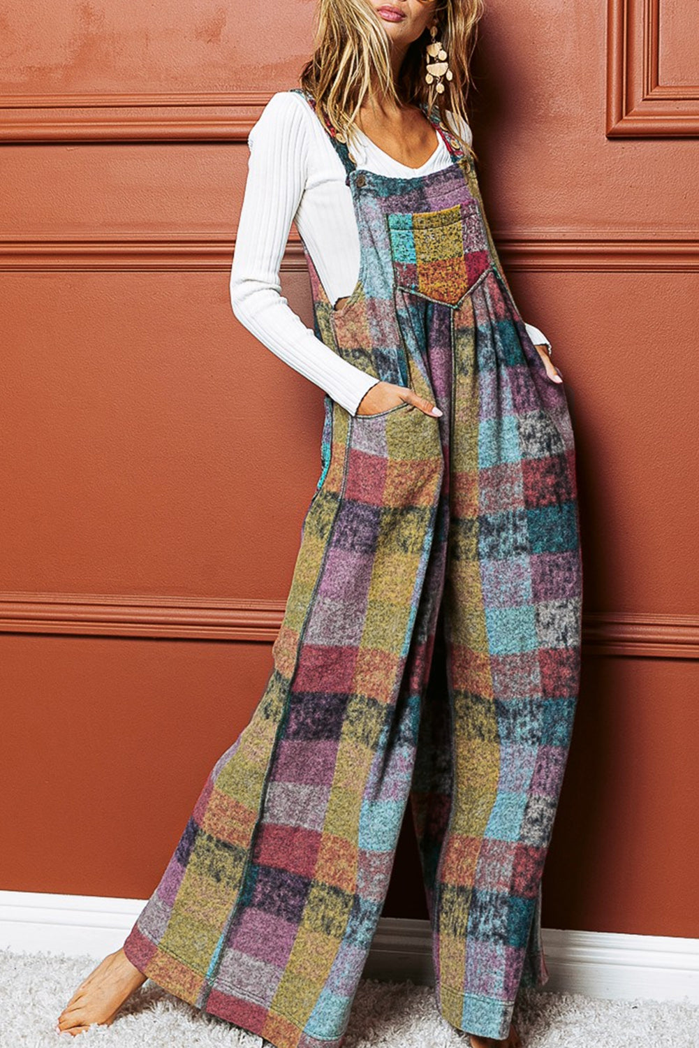 Multicolor Brushed Plaid Buttoned Pullover Oversized Hoodie