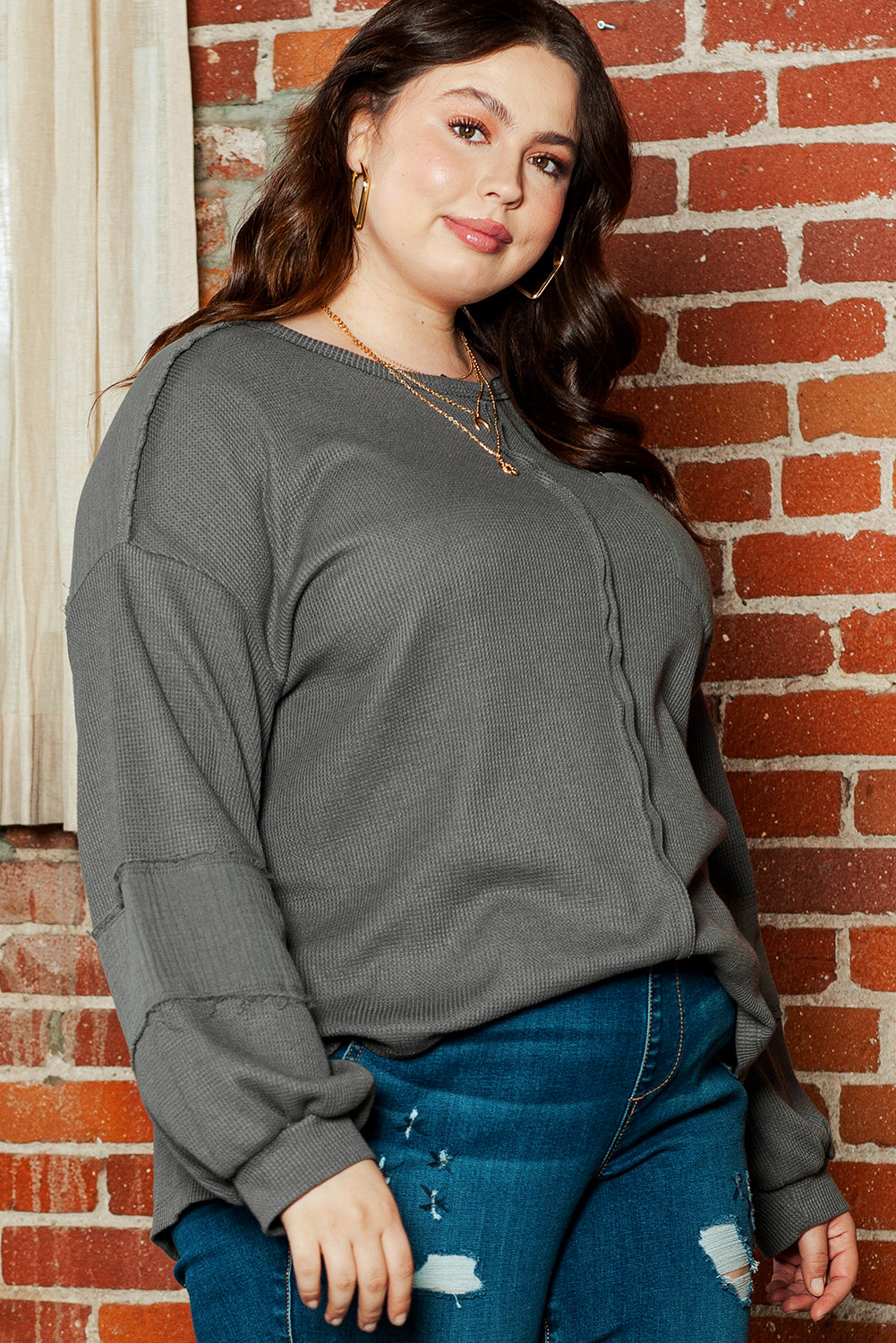 Gray Exposed Seam Patchwork Bubble Sleeve Waffle Knit Top