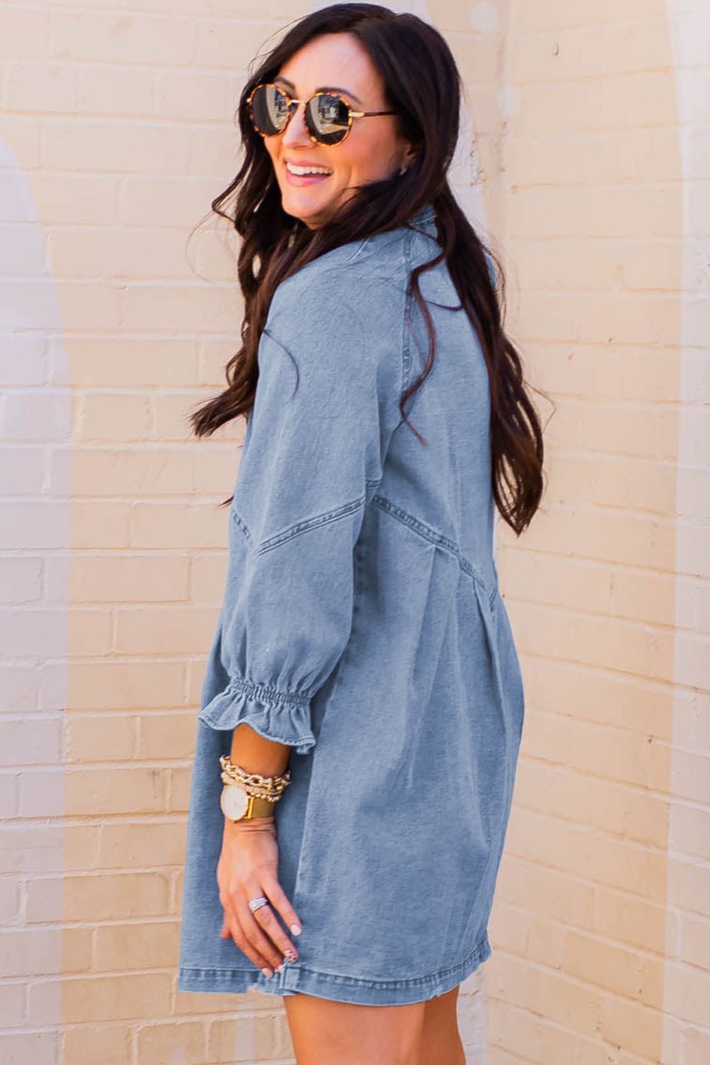 Gray Sequin Nutcracker Graphic Long Sleeve Shirt Denim Dress