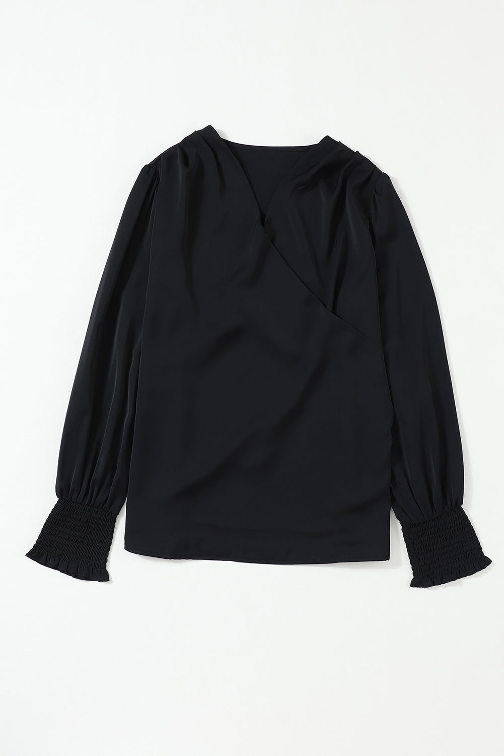 Khaki Solid Surplice Neck Shirred Cuffs Draped Blouse