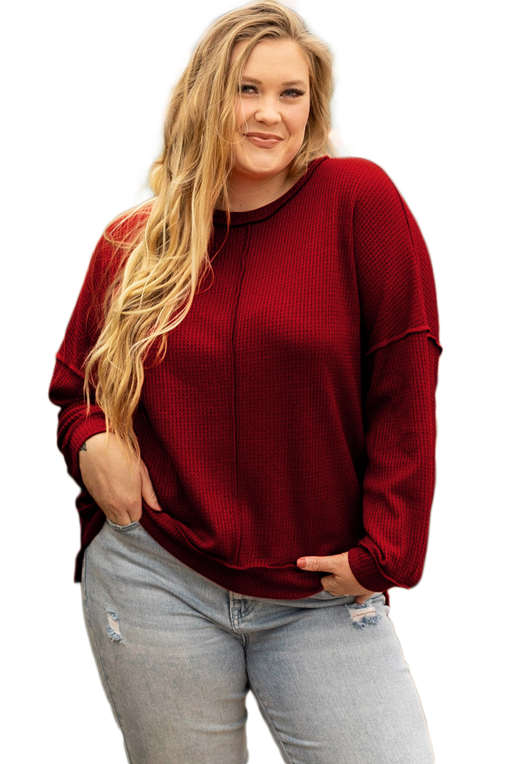 Gold Flame Exposed Seam Detail Waffle Knit Plus Size Top