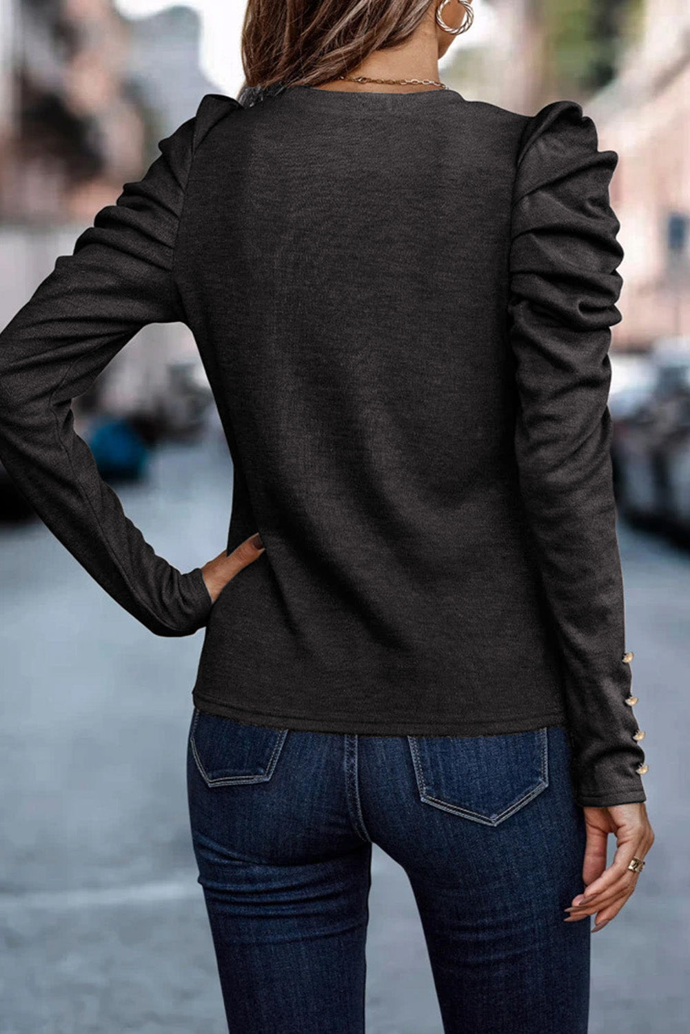 Gray Buttoned Puff Long Sleeve Sheath Top