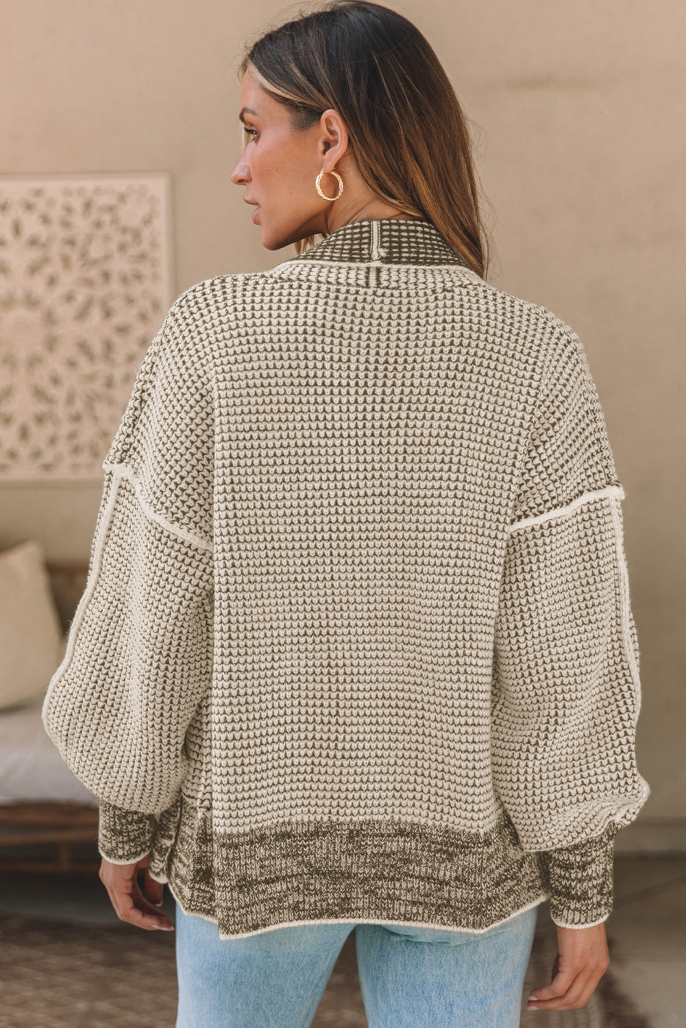 Gray Plaid Knitted Long Open Front Cardigan