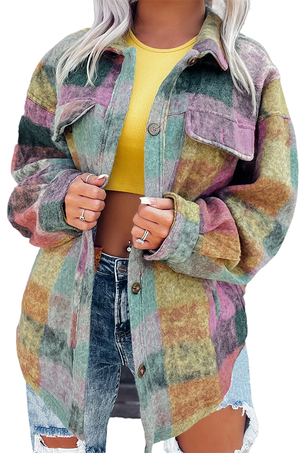 Multicolor Brushed Plaid Buttoned Pullover Oversized Hoodie