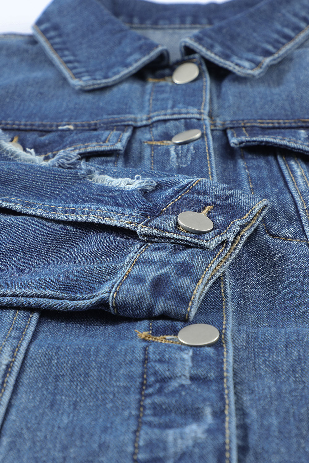 Dark Blue Plus Size Distressed Flap Pocket Denim Jacket