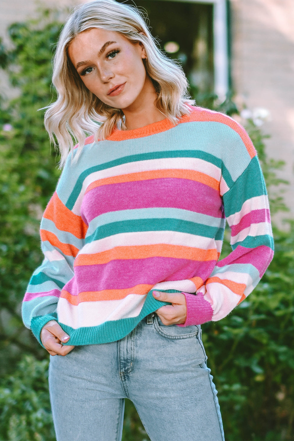 Multicolour Striped Knit Drop Shoulder Puff Sleeve Sweater