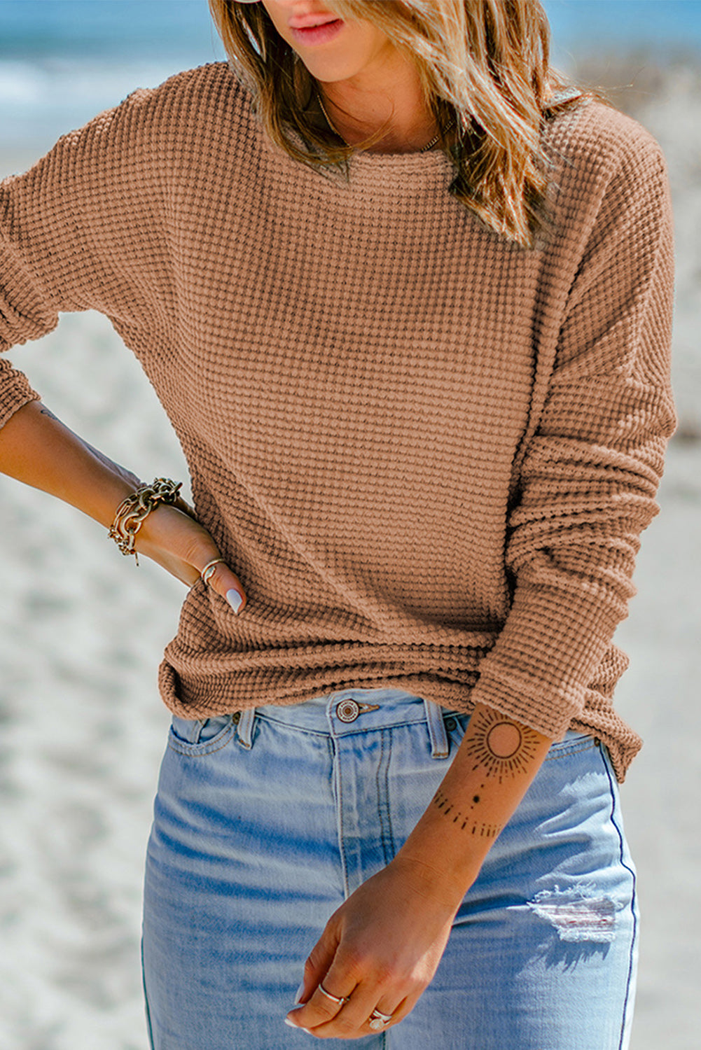 Fiery Red Waffle Knit Drop Shoulder Long Sleeve Top