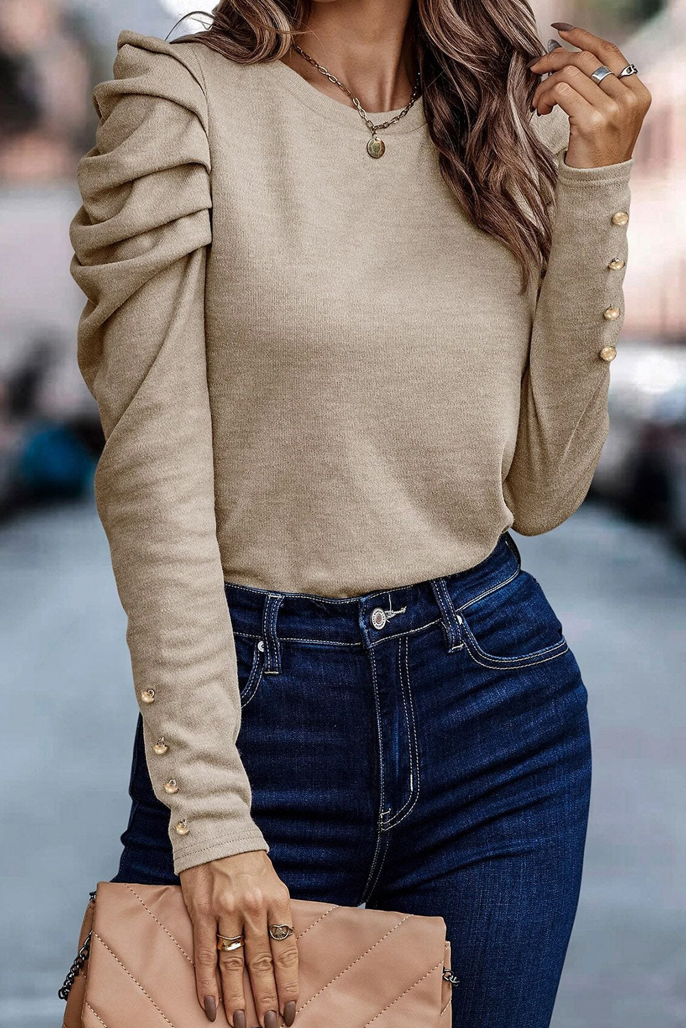 Gray Buttoned Puff Long Sleeve Sheath Top