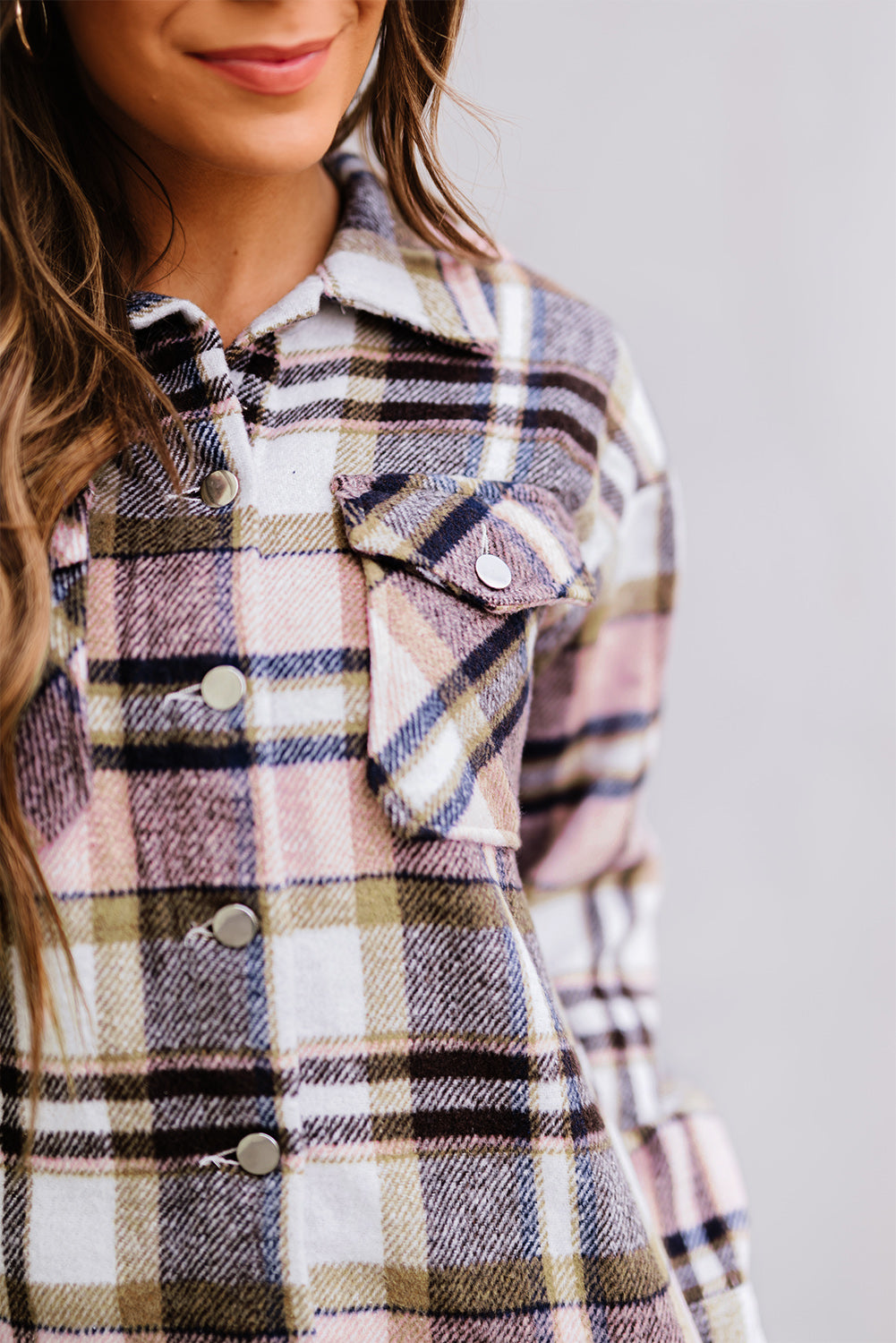 Navy Blue Plus Size Plaid Flap Pocket Shacket