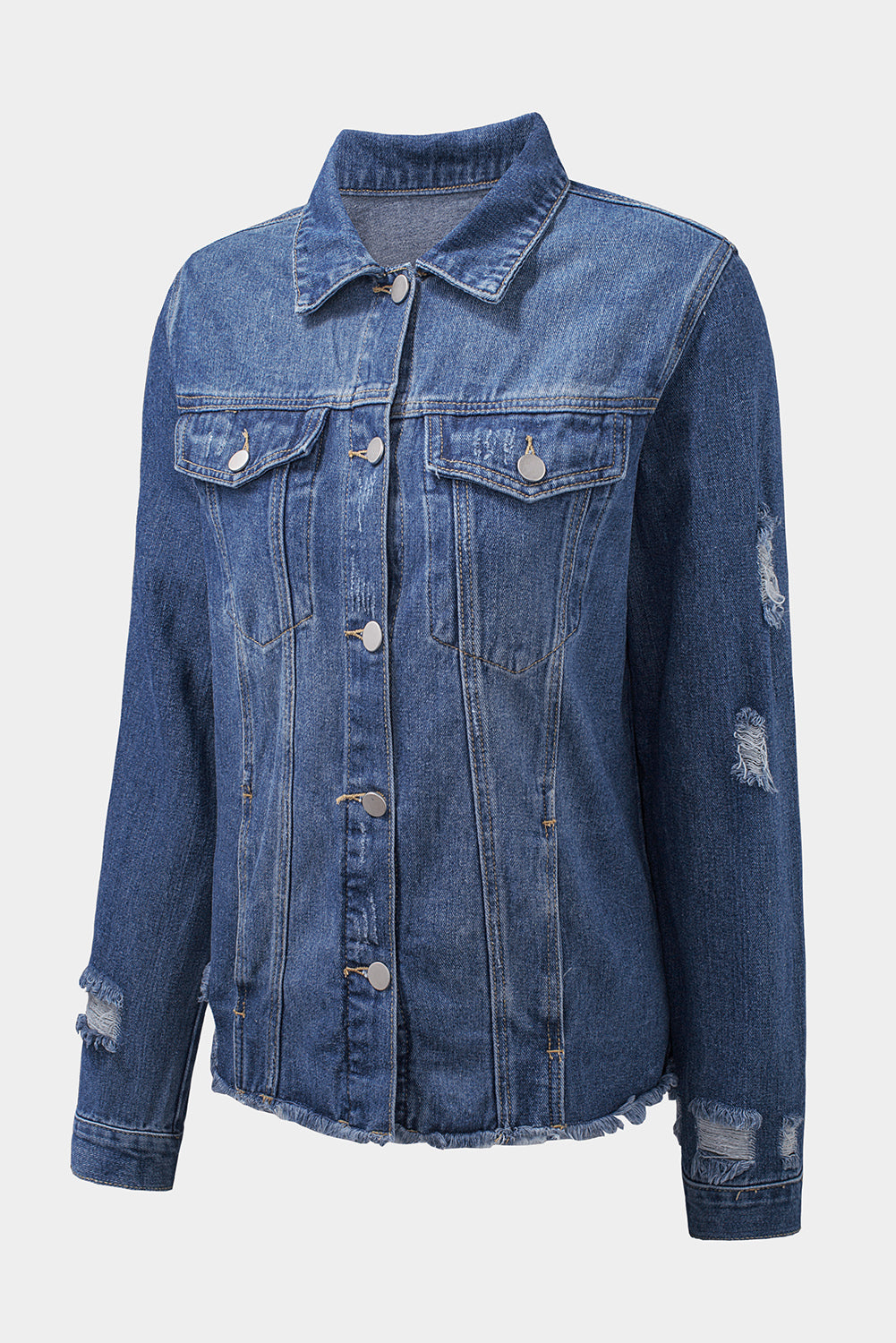 Dark Blue Plus Size Distressed Flap Pocket Denim Jacket