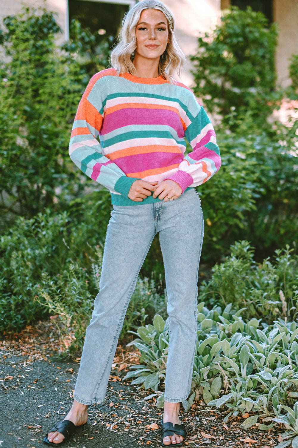 Multicolour Striped Knit Drop Shoulder Puff Sleeve Sweater