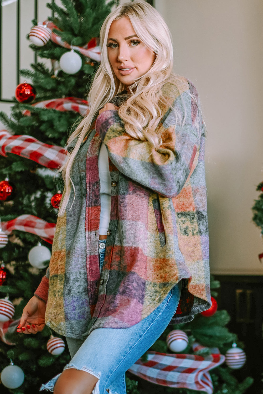 Multicolor Brushed Plaid Buttoned Pullover Oversized Hoodie