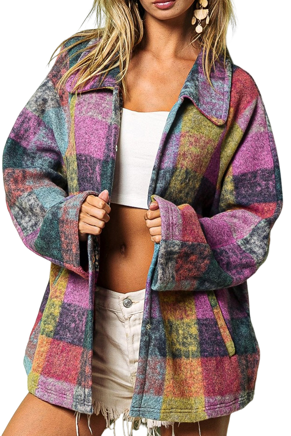Multicolor Brushed Plaid Buttoned Pullover Oversized Hoodie