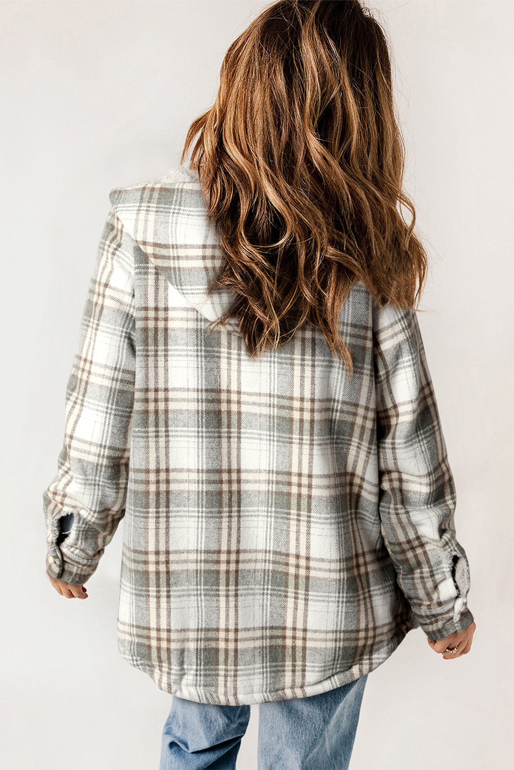 Orange Plaid Pattern Sherpa Lined Hooded Shacket