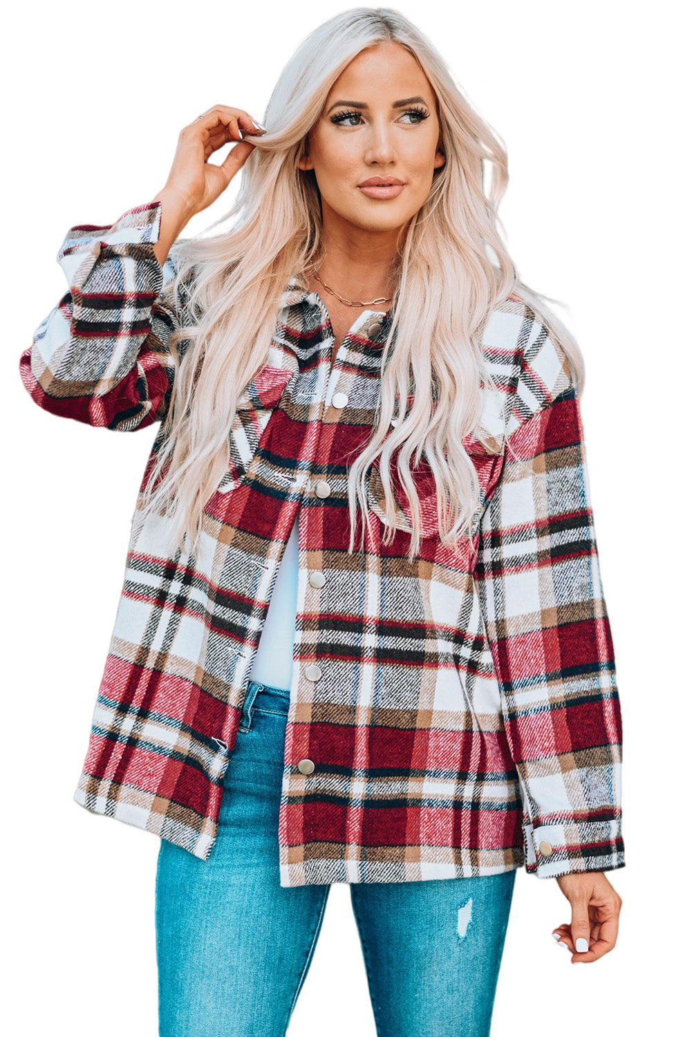 Navy Blue Plus Size Plaid Flap Pocket Shacket