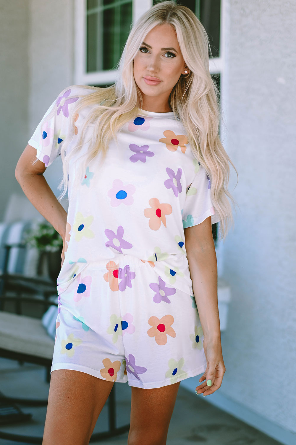 White Floral Long Sleeve Henley Top and Drawstring Shorts Set